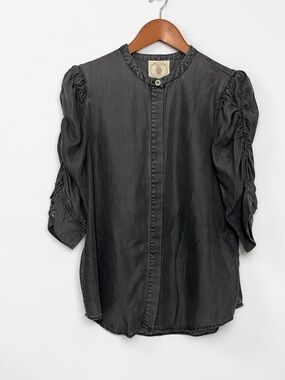 Muche Muchette Dark Gray Puff Sleeve Button Up Goth Moody Top Tencel Size M/L